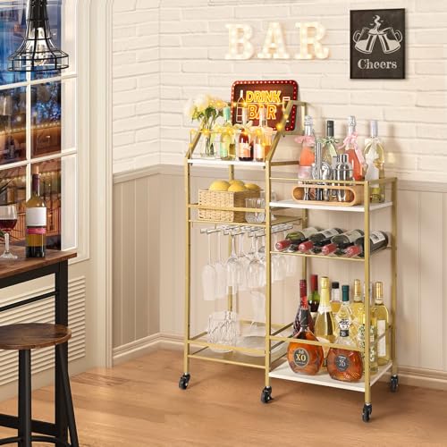 VINAEMO Gold Bar Cart With Wine Glass Holder, Stand for Home, Small Mini Bar for Whiskey Wine, Liquor Cart, Alcohol Cabinet for Kitchen, Dining Room - color: Gold & White