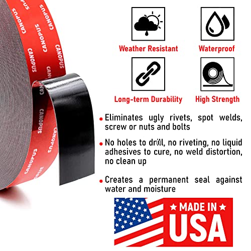 CANOPUS Double Sided Tape, 5952 Heavy Duty Mounting Tape, Strong Bond & Weatherproof Seal Strip for Automotive Mounting, Picture and Photo Frame, Poster, Craft, 1 in x 108 ft, Black, Made in USA - size: 1in x 36yd