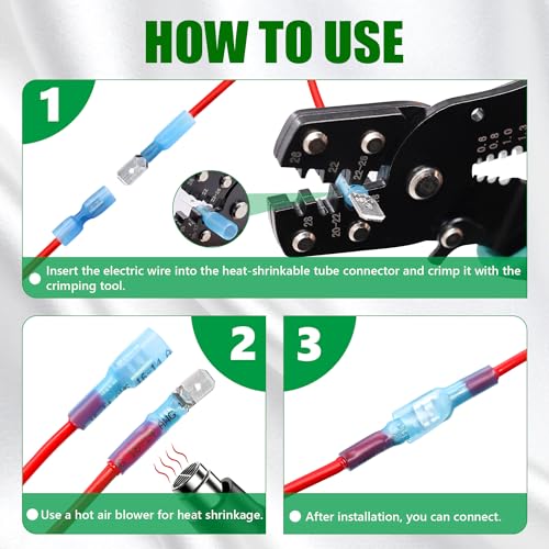 Twidec/100PCS Heat Shrink Spade Connectors Kit 22-10 AWG Female and Male Spade Terminlas Quick Disconnect Connectors Fully Insulated for Automotive Marine and Wire Crimper Tool with Stripper Cutter - color: 100PCS+Crimper Tool