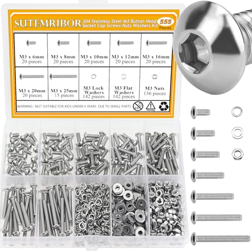 555 Pieces M3 Screws Nuts Washers Set, Sutemribor M3 x 6/8/10/12/16/20/25mm Button Head Socket Cap Screws Nuts Washers Assortment Kit, 304 Stainless Steel, Fully Threaded - size: M3 Screws Kit, style: Button Head