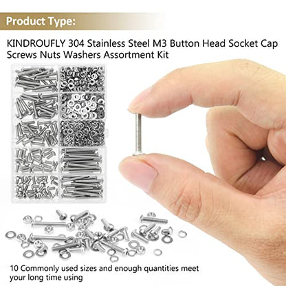 542 Pieces M3 x 6/8 /12/16 /20/25 /30mm Button Head Socket Cap Screws Nuts Washers Assortment Kit, 304 Stainless Steel, Fully Machine Thread - size: M3, style: Button Head