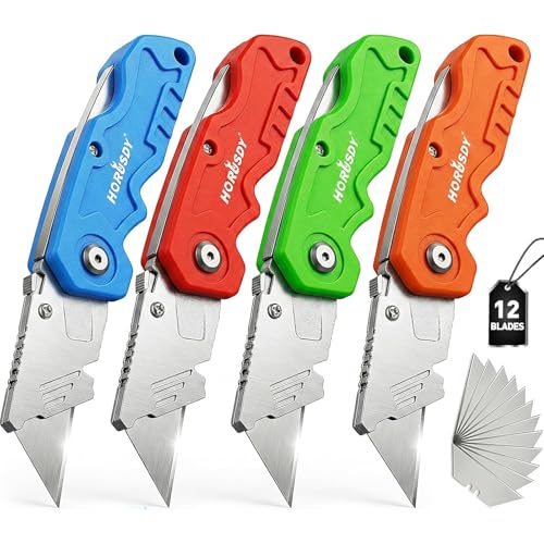 HORUSDY 4-Pack Folding Utility Knife Set, Heavy-Duty Box Cutters with 12 Extra Blades, Quick-Change Razor Knives with Color-Coded Handles (Green/Blue/Red/Orange) for Jobsite, Warehouse & Home Use - style: New Version