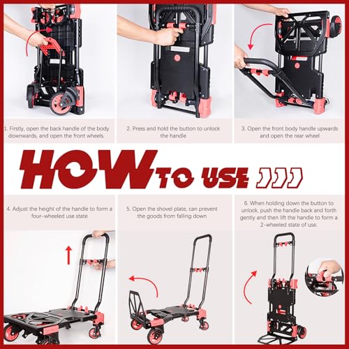 Folding Hand Truck, 2 in 1 Portable Heavy Duty Carrying Moving Dolly Cart with 4 Foldable Wheels and Retractable Handle Duty 330lbs (Red) - color: Red-a