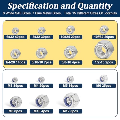 SAE & Metric Nylon Lock Nut Assortment Kit 348Pcs Stainless Steel - size: SAE and Metric Locknuts, 348 Pcs