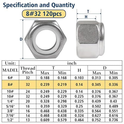#8-32 Lock Nut, 120Pcs Stainless Steel Nylock Insert Locking Nuts - size: #8-32, 120 Pack