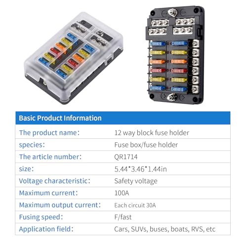 12 Way 12V Fuse Box Blade, 12Volt Fuse Block with LED Indicator Waterproof Cover - 12-Way Individual Positive Fuse Holder with Ground Bus Holder for 12V/24V AutoTruck Boat Marine RV Van Vehicle - color: 12 Way