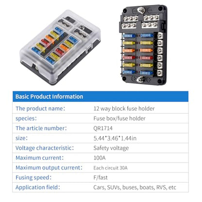 12 Way 12V Fuse Box Blade, 12Volt Fuse Block with LED Indicator Waterproof Cover - 12-Way Individual Positive Fuse Holder with Ground Bus Holder for 12V/24V AutoTruck Boat Marine RV Van Vehicle - color: 12 Way