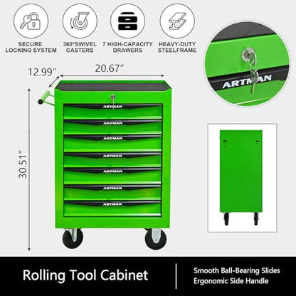 7-Drawer Rolling Tool Chest, Lockable for Garage, Green - color: Green, size: 7-Drawers