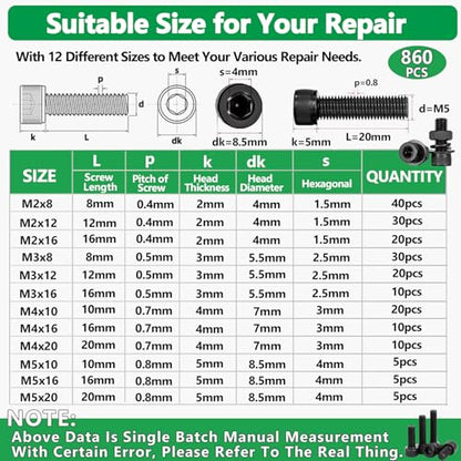 860Pcs M2-M5 Metric Screws, 12.9 Alloy Steel Hex Bolts & Nuts Kit - size: M2 M3 M4 M5 860pcs 3