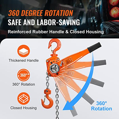 VEVOR Manual Lever Chain Hoist, 1-1/2 Ton 3300 lbs Capacity 10 FT Come Along, G80 Galvanized Carbon Steel with Weston Double-Pawl Brake,Auto Chain Leading & 360° Rotation Hook, for Garage Factory Dock - size: 1-1/2 Ton 10FT