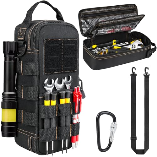 Heavy Duty Small Tool Bags for Men with Carabiner,Tactical Tool Pouch Bag,Portable Utility Tools Storage Organizer Case with Shoulder Strap for EDC,Motorcycle,Camping, Road Trip, Electricians,Black - color: Black
