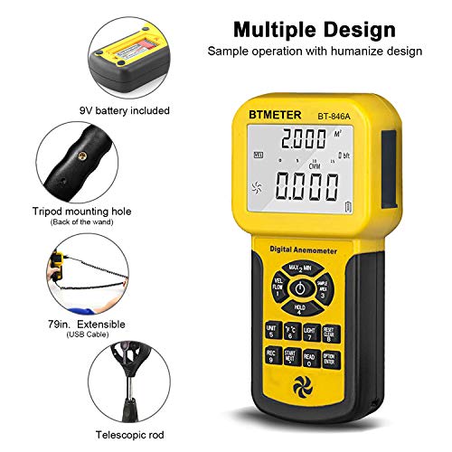 BTMETER Por CFM Anemometer Wind Gauge with 600Set Data Storage Export to PC - color: BT-846A w/o Computer Software
