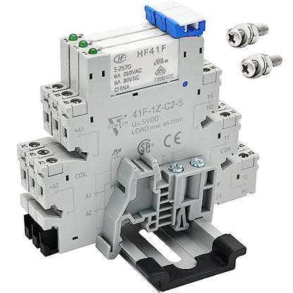 3 Pcs Miniature 5 Volt DC Relay HF41F/5-ZS 5 Pin 1NO 1NC 6A SPDT with LED Indicator, Socket Base and DIN Rail Module - size: 5V DC