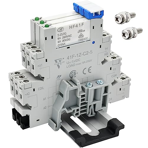 3 Pcs Miniature 5 Volt DC Relay HF41F/5-ZS 5 Pin 1NO 1NC 6A SPDT with LED Indicator, Socket Base and DIN Rail Module - size: 5V DC