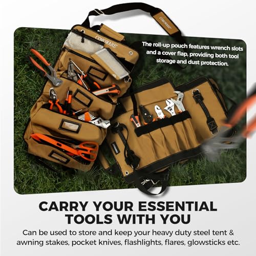 Roll Up Tool Bag, PVC Coated Tool Organizer with 4 Pockets & 2 Pouches - color: Khaki-RollUp
