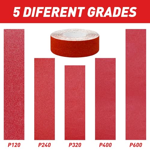 5 PCS Emery Cloth Roll 120-600 Grit 1" x 19.7' for Metal & Wood, 6m Each - size: 5 Grits Pack (120/240/320/400/600)