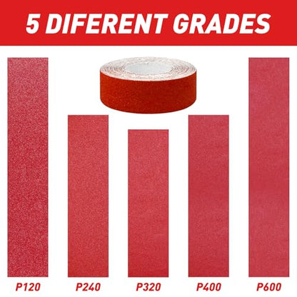 5 PCS Emery Cloth Roll 120-600 Grit 1" x 19.7' for Metal & Wood, 6m Each - size: 5 Grits Pack (120/240/320/400/600)