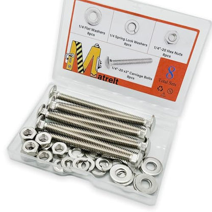 8 Sets 1/4"-20 x3 Carriage Bolts Round Head Square Neck Screws with Hex Nuts Flat Washers Spring Lock Washers 304 Stainless Steel Full Thread Coverage Square Neck Bolts Assortment Kit - size: 1/4"-20 x3"-8 Sets