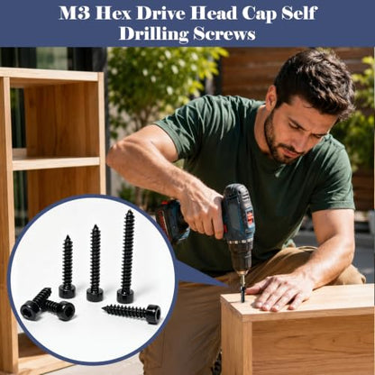 480Pcs M3 Black Metric Hex Socket Cap Head Self Tapping Screws for Plastic