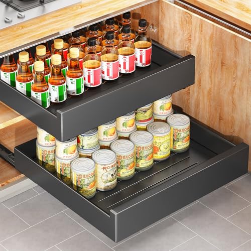Pull Out Cabinet Organizer with Nano Adhesive, Heavy Duty Full-Extension Slide-Out Drawer for Kitchen Cabinet Organizers and Storage, No Drill Roll out Pantry Shelf, 18.5"W x 16.9"D x 3.1"H , Black - color: Black, size: 18.5" Wide-16.9"Deep (1Pack）