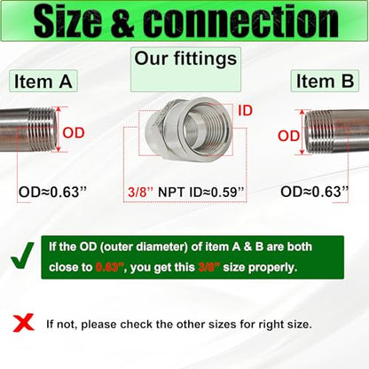 3/8 Inch NPT Female x 3/8 Inch NPT Female Pipe Fitting Coupler Connector, 304 Stainless Steel Hex Head Coupling Adapter for Air Water Gas Oil (3/8" female x 3/8" female) - size: 3/8" female x 3/8" female