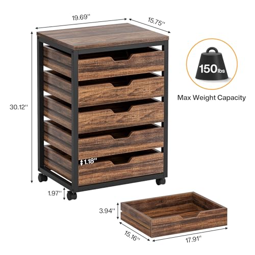 Tribesigns 5-Drawer File Cabinet, Wood Mobile Storage Drawer, Rustic Brown - color: Brown, size: 5 Drawer