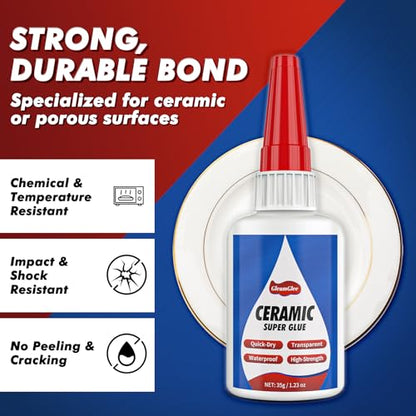 Ceramic Glue 1.23OZ, Ultra Strong Waterproof Heat-Resistant Clear Adhesive