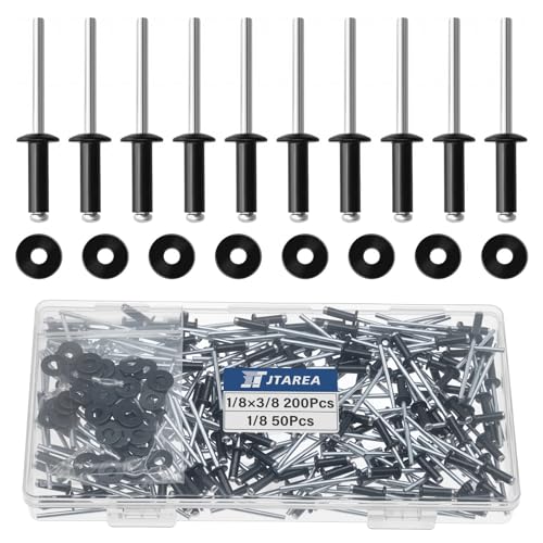250pcs 1/8" x 3/8" Black Aluminum Pop Rivets with Stainless Steel Washers 3.2 x 10mm Blind Rivet Assortment Kit - size: 1/8*3/8
