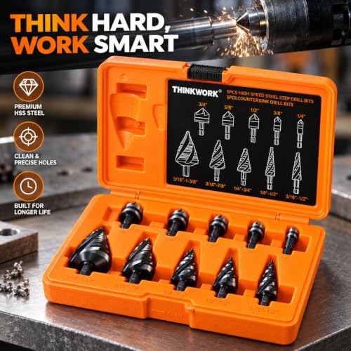 THINKWORK 10Pcs Step Drill Bit & Countersink Set, HSS Four Spiral Flute - size: 1/8"-1-3/8" (10Pcs)