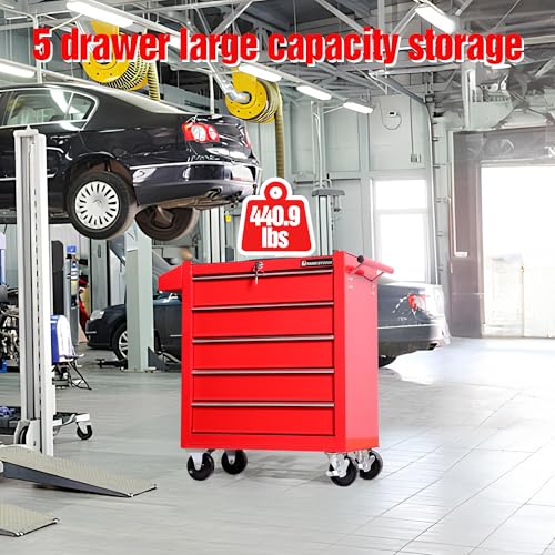 Tool Chest Heavy Duty Cart Steel Rolling Tool Box 5 Drawer Cart (TZ35 Red) - color: Red