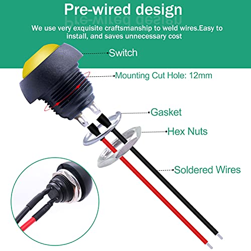 Twidec/6Pcs 12mm Momentary Push Button Switch 1/2" Mounting Hole On Off Mini Round Waterproof Yellow with Pre-soldered Wires PBS-33B-Y-X - color: Yellow-12mm, size: Momentary
