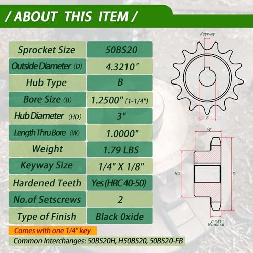 #50 Roller Chain Sprocket 20 Tooth 1-1/4" Bore (1/4" Keyway) Black Oxide with 2 Set Screws & Key Included for Conveyor Farm Equipment Packaging Industrial Heavy Duty Drive, Hardened Steel 50BS20-1-1/4 - size: 1-1/4 inch, style: 20tooth