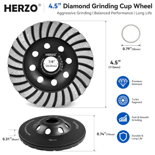 HERZO 4-1/2 Inch Turbo Diamond Cup Grinding Wheel, 7/8 Inch Arbor Concrete Grinder Disc for Angle Grinder, Surface Preparation, Leveling and Fast Grinding on Concrete, Cement, Stone, Brick and Masonry - size: 4.5 Inch Standard