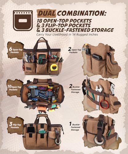 ARCFOX 14 Inch Portable Electrician Tool Bag 21 Pockets - Heavy Duty 16OZ Canvas Tool Bags Organizer with Wide Mouth & Adjustable Shoulder Strap for HVAC, Mechanics, Maintenance, UTV-Effortless Carry