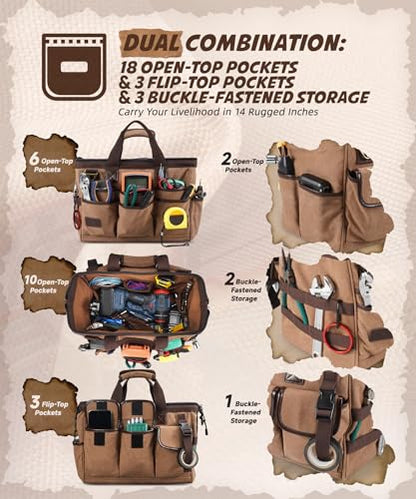 ARCFOX 14 Inch Portable Electrician Tool Bag 21 Pockets - Heavy Duty 16OZ Canvas Tool Bags Organizer with Wide Mouth & Adjustable Shoulder Strap for HVAC, Mechanics, Maintenance, UTV-Effortless Carry