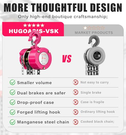 2 Ton Chain Hoist, 4400 lbs Capacity Manual Chain Block with 10 FT Lift, G80 Steel Chain, Dual Brake System & Safety Hooks, Compact Low Headroom Hoist for Garage, Warehouse,Construction Sites - color: Pink, size: 2Ton 10FT
