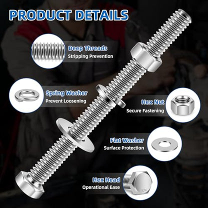 Mellewell 1/4-20 x 2-1/4" Hex Head Bolts with Hex Nuts and Thick Flat & Lock Washers, Fully Threaded, Stainless Steel 18-8, Plain Finish, 8 Sets - color: Silver, size: 1/4-20 x 2-1/4"