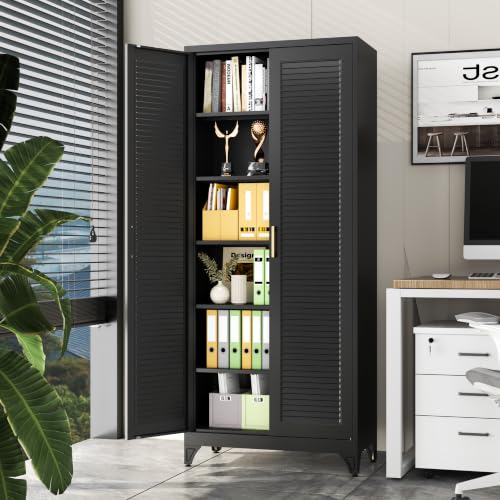 75" Metal Pantry Cabinet,Kitchen Storage Cabinet with Shelves - color: Black, size: 75"H-Louvered