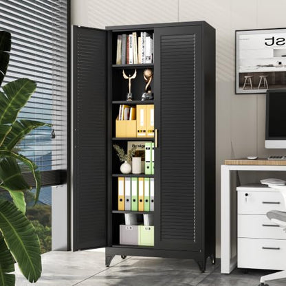 75" Metal Pantry Cabinet,Kitchen Storage Cabinet with Shelves - color: Black, size: 75"H-Louvered