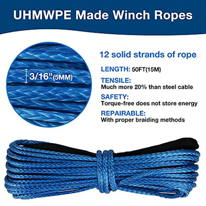3/16" Synthetic Winch Rope 50 ft 8,500 lb UHMWPE Winch Cable Replacement Kit with Protective Sleeve, Thimble, Compatible with ATV UTV Truck Winches, Blue - color: Blue, size: 3/16 In x 50 Ft Standard