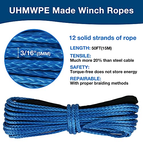 3/16" Synthetic Winch Rope 50 ft 8,500 lb UHMWPE Winch Cable Replacement Kit with Protective Sleeve, Thimble, Compatible with ATV UTV Truck Winches, Blue - color: Blue, size: 3/16 In x 50 Ft Standard