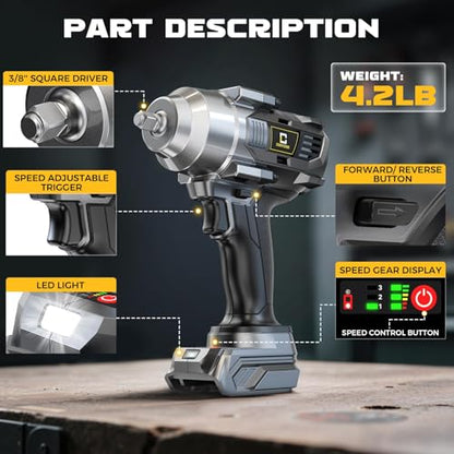 Cerycose Cordless Impact Wrench Compatible with Dewalt 20V Battery, 3/8" 600Ft-lbs (800N·m), Brushless Electric Impact Driver, 2400 RPM, LED Light – Compact, Light-Duty(No Battery) - color: Grey (600 Ft-lbs)