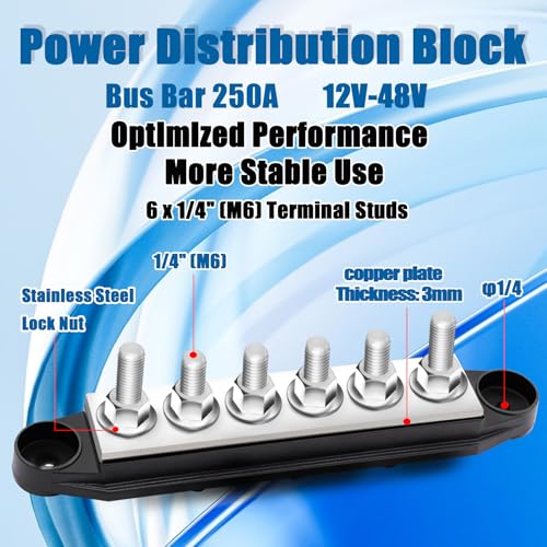 250A Bus Bar 12V Marine 1/4" Power Distribution Block Automotive Busbar Terminal Block,Battery Buss Bar (Pair, Red & Black) 6 x 1/4" Post Terminals - size: 250A 6x1/4"