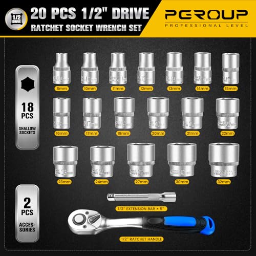 20 PCS 1/2" Drive Metric Socket Wrench Set,90-Tooth Reversible Ratchet Handle，6 Point Shallow Sockets (8-32mm) and Extension Bar 5", CR-V Steel, Car Repair Set - size: 20P 1/2 inch(8-32mm)