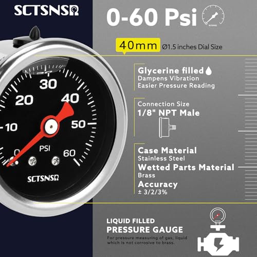 0-60 Psi Fuel Pressure Gauge, 1/8" NPT Back Mount, Black Dial - size: 0-60 Psi, style: Back Mount (Black Dial)