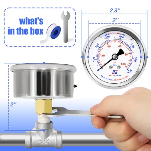 0-100 PSI Air Pressure Gauge, 2" Dial Liquid Filled Back Mount Gauge, 1/4" NPT Brass Connection, 304 Stainless Steel Case, IP67 Waterproof, for Air Compressor, Regulator, Gas & Water - size: 0-100 PSI, style: Back Mount