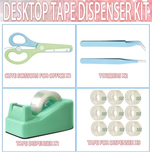 XEUZK Desktop Tape Dispenser Kits with Weighted Nonskid Base Tape Dispenser- Includes 9 Rolls of Transparent Tape(0.71 Inch x 500 inches Each) & Blue Scissors, 2 Pcs Tweezers (Green) - color: Green