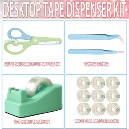 XEUZK Desktop Tape Dispenser Kits with Weighted Nonskid Base Tape Dispenser- Includes 9 Rolls of Transparent Tape(0.71 Inch x 500 inches Each) & Blue Scissors, 2 Pcs Tweezers (Green) - color: Green