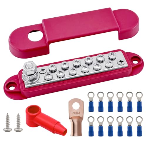 Ampper 1/4" Stud Power Distribution Block Bus Bar 12 x #8 Screw Kit, Red - color: Red, size: Plated Brass Kit