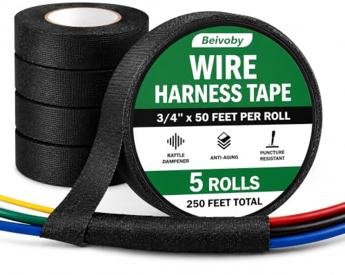 5 Rolls High Temp Wire Harness Tape, 250 FT Automotive Cloth Tape for Engine Wiring Loom, Electrical Cable Bundling, Noise & Vibration Damping, 3/4 in x 50 ft Each - style: 5-pack